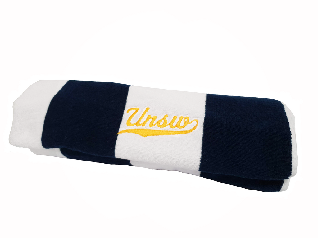 Navy Striped Beach Towel with UNSW Cursive Embroidery